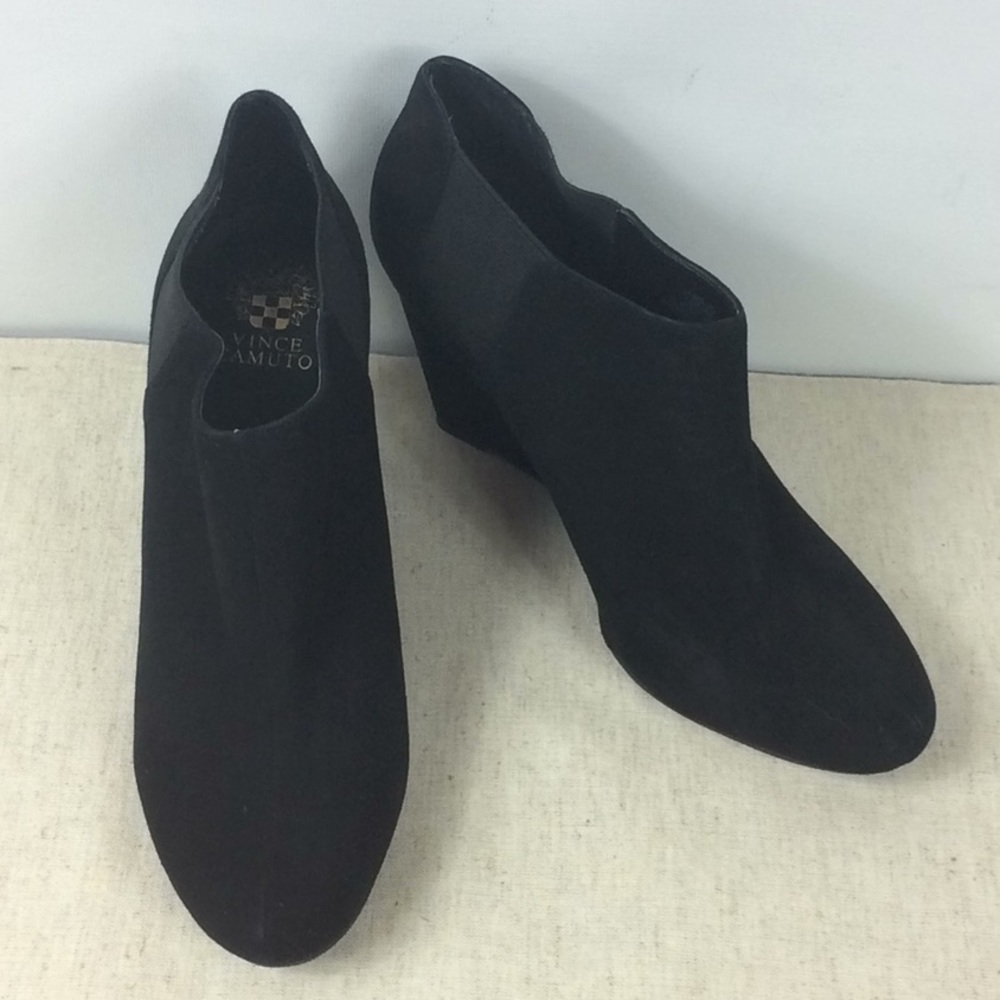 Vince Camuto black suede wedge heel booties